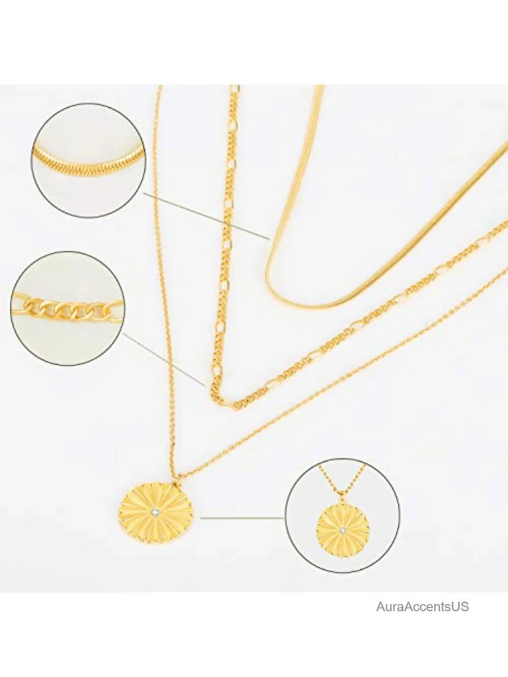 14k Gold Plated Layered Choker Necklace Women Figaro Chain Sunburst Pendant